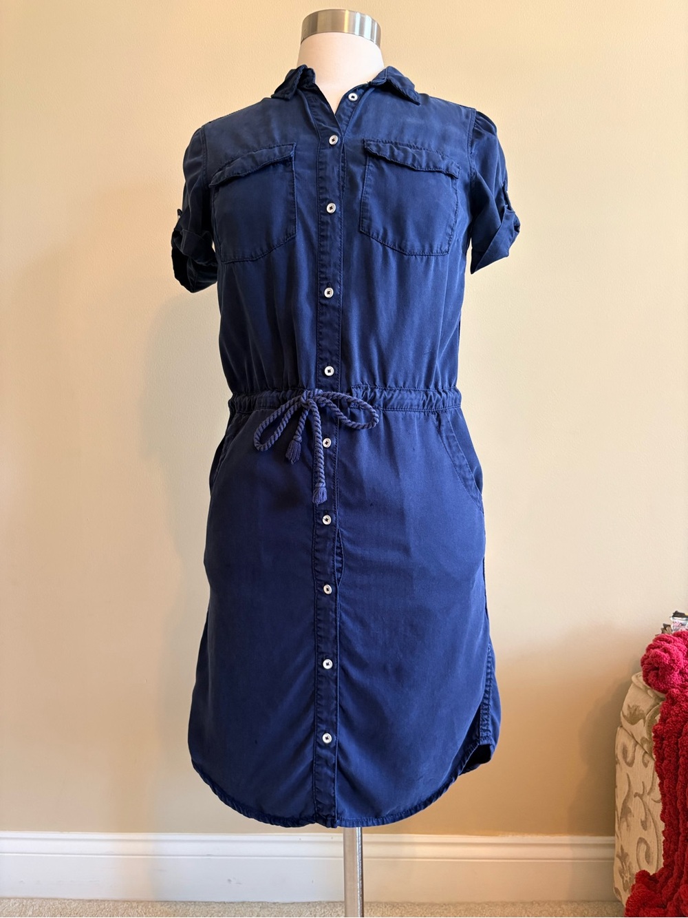 Classic Navy Button-Down Midi Shirt Dress with Drawstring Waist